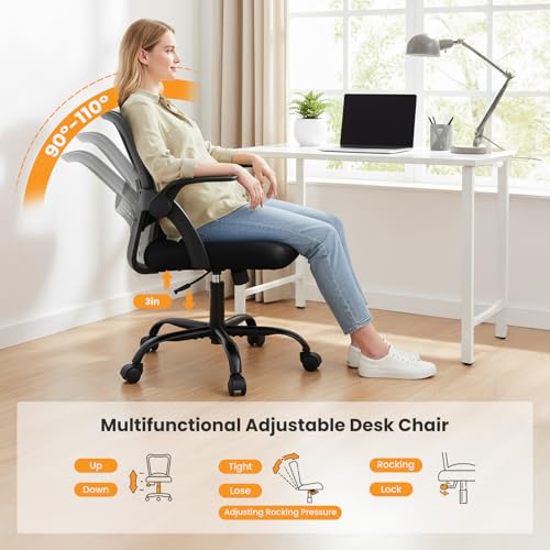 Image of Sweetcrispy Home Office Managerial Executive Chair, Flip Up Armrest Ergonomic Mesh Adjustable Swivel Mid-Back Computer Desk Chair with Comfortable Lumbar Support, Comfy Arms for Bedroom,Study