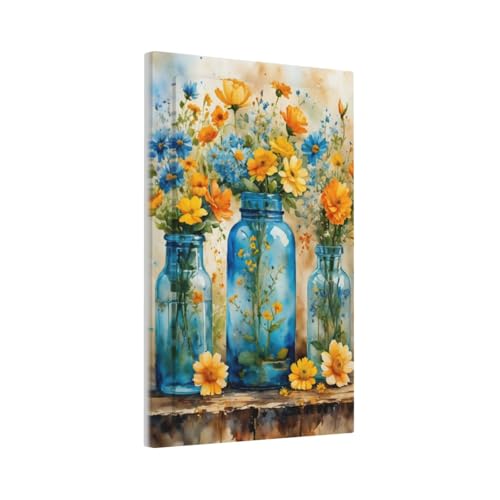 Decorative Switch Covers Plate Rustic Yellow Flowers Floral Blue Bottles 1 Gang No Device Single Blank Outlet Covers Wall Plate Cover Light Switch Plate Electrical Faceplate for Country Decor
