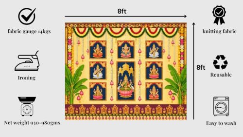 Image of sravanamasam Pooja Decoration Backdrop | Lakshmi and Lord Ganesha Puja Backdrop with Banana Trees 8x8 Feet |Lakshmi Pooja Background | varalakshmi Pooja Decoration Backdrop