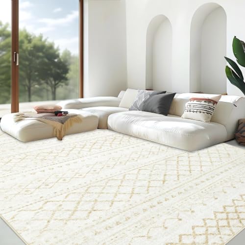 Area Rug Living Room Rugs 8x10 - Large Soft Boho Geometric Rug, Non-Slip Foldable Washable Rugs Non Shedding Morden Indoor Floor Carpet for Living Bedroom Office Dining Room (Beige,8' x 10')