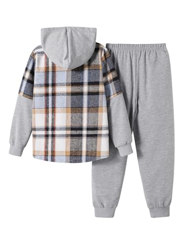 Image of 2Pcs Boys Clothes Sweatsuit Set Hoodie Flannel Plaid Shirt and Jogger Pants for Kids Fall Winter Spring Outfits