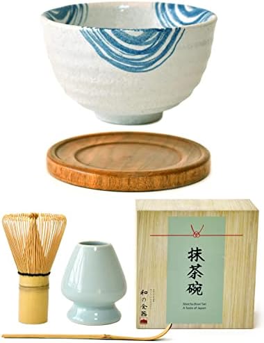 Premium Japanese Ceremonial Matcha Green Tea Chawan Bowl Full Kit Matcha Whisk Set with Accessories and Tools Bamboo Chasen Matcha Whisk Scoop and Holder (Blue Rings)
