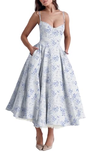 YTJYZB Women's Summer Boho Dress Sleeveless Spaghetti Strap Bustier Floral Dresses Low Corset Backless Flowy Dress with Pockets (AU, Alpha, Small, Regular, Regular, Blue-Floral)