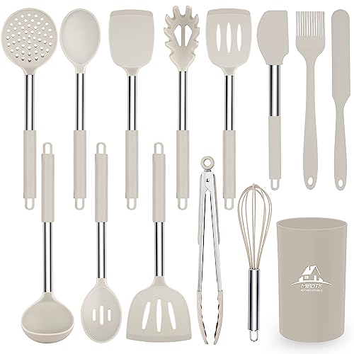 Mibote Lot de 14 ustensiles de cuisine en silicone résistant à la chaleur, sans BPA et poignée en acier inoxydable, spatule, cuillère, pince - Bleu
