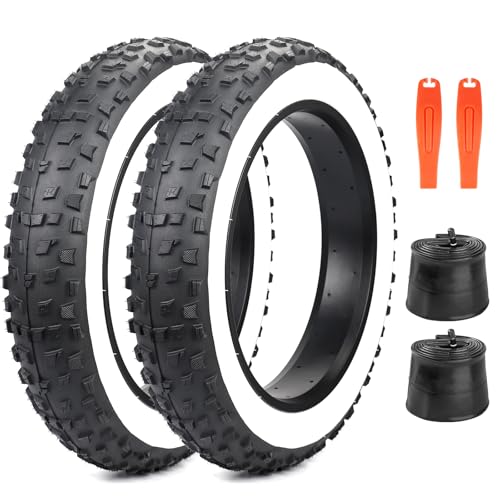 GRELiving 2er-Pack 20x4.0 Zoll Heavy Duty E-Bike Reifen Fat-Bike Reifen 98-406 20PSI Fahrradmantel (Weiß-Rand (2xReifen+2xSchlauch+2xReifenhebel), 20x4.0 Zoll)