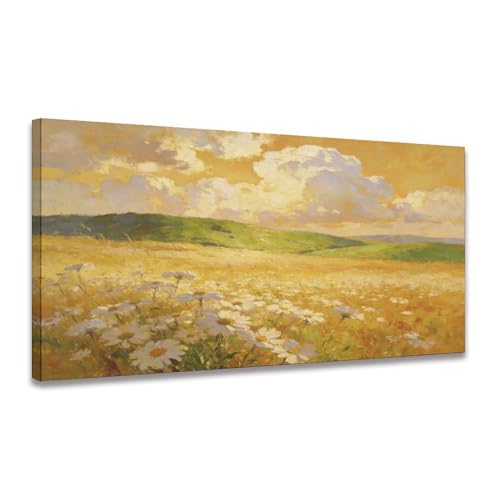 White Daisy Field Framed Wall Art Canvas Print, Fresh Spring