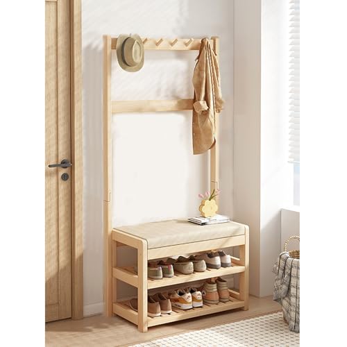 Árbol de pasillo de madera maciza con banco de almacenamiento y estantes para zapatos