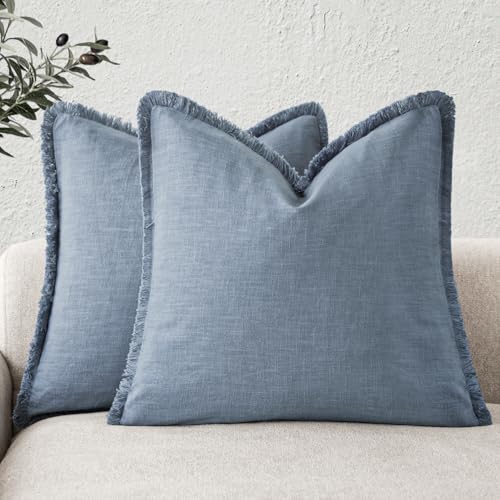 Image of Foindtower Set of 2 Decorative Linen Fringe Throw Pillow Covers Cozy Boho Farmhouse Cushion Cover with Tassels Soft Accent Pillowcase for Couch Sofa Bed Living Room Home Decor, 20x20 Inch, Misty Blue