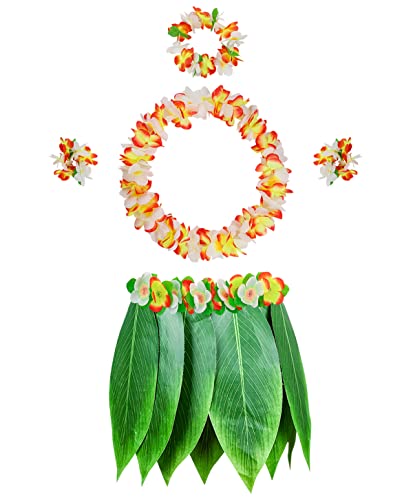 PIXHOTUL Falda hula de hoja con falda de hierba hawaiana Leis y flores artificiales de hibisco para fiesta hawaiana Luau Tiki (color 13)