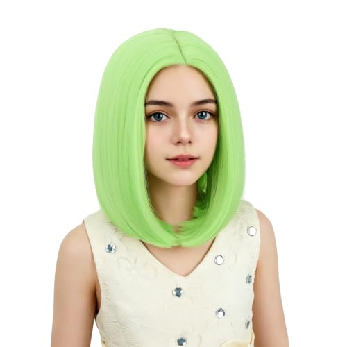 Image of Kids Green Wig Girls Light Green Bob Wig Child Short Bob Wig Middle Part Wig for Kids Synthetic Wigs with Wig Cap
