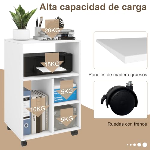 PUNCIA Mueble para Impresora con Ruedas Archivador Auxiliar Oficina de Madera con 4 Estantes Ajustables Mesa de Impresora Armario Móvil para Documentos DIN A4 Carro de Despacho Estudio Blanco - imagen 3