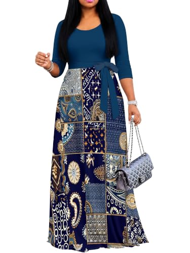 Image of PinkPatty Plus Size Maxi Dress for Women Casual V Neck 3 /4 Sleeve Boho Printed Long Dress with Pockets
