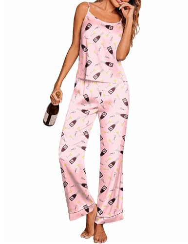 Image of Ekouaer Women Silk Satin Pajamas Sleeveless Pjs Set 2 Piece Summer Loungewear Sleepwear with Pockets S-XXL
