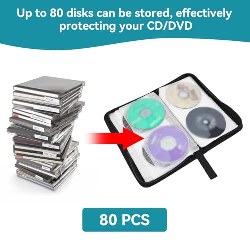 CD Case Holder, 80 Capacity CD/DVD Case Holders Wallet Portable PU Leather CD DVD Disc Cases Storage Binder for Car Home Office Travel (Black)