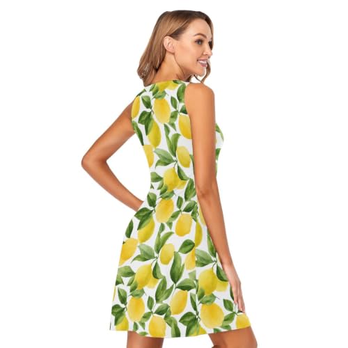 Image of ALAZA Watercolor Lemon Leaves Women's Summer Dress Sun Dress Sleeveless with Pockets L