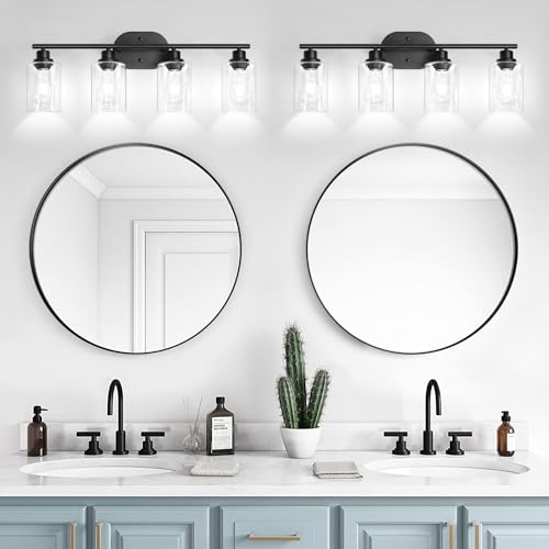 Image of Unicozin Bathroom Light Fixtures, 4 Light Vanity Lights for Bathroom, Black Wall Lamp with Clear Glass for Mirror, Living Room, Hallway, Cabinet, E26 Base