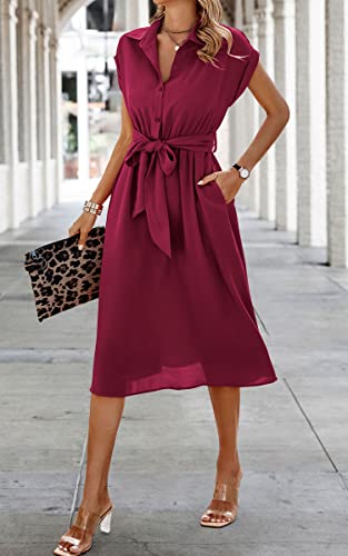Image of ECOWISH Womens Casual Midi Dresses Solid V Neck Short Sleeve Button Shirt Belted Dress with Pockets for Spring Summer 2026
