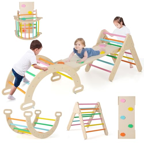 COSTWAY Kletterdreieck mit Rutsche, Kletterbogen, inkl. doppelseitige Rampe, zum Klettern, Rutschen und Wippen, 4 in 1 Kletterger&uuml;st Indoor ab 1 Jahr (Bunt)