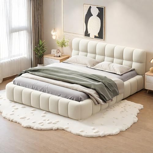 DULRLLY Bubble Bett Polsterbett 140x200 cm,Doppelbett mit Lattenrost, Jugendbett mit Gepolstertes Kopfteil, Gepolstertes Bett für Schlafzimmer und Gästezimmer,ohne Matratze, Leinenstoff (Beige) – Bild 5
