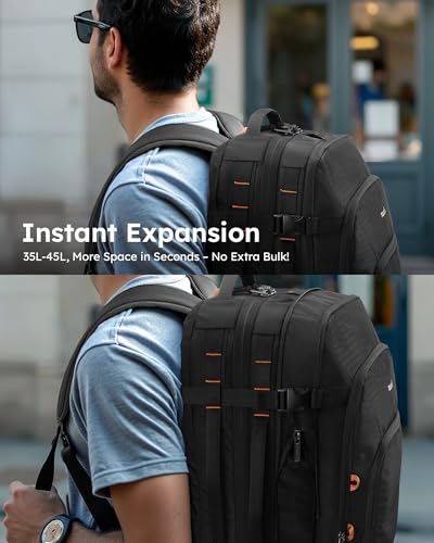 Tolaccea Travel Backpack, TSA Friendly Flight Approved Carry-on Luggage Water-resistant Business Rucksack, Durable Large Computer Bag Daypack Fits 15.6 Inch Laptop, 35-45L Expandable - Black2