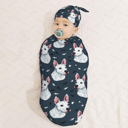 Image of Bull Terrier Dog Newborn Swaddle Blankets Hat Sets Soft Baby Receiving Blanket Swaddle Sack for Baby Shower Infant Boy Girl Gift