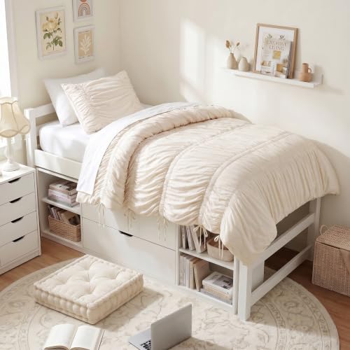 Image of Intelligent Design Ruched Shabby Chic Ivory Twin XL Comforter Set, 2pc | Back to School Girls Dorm Bedding Set, French Country, All Season Down Alternative, Cozy, Machine Washable, Lightweight