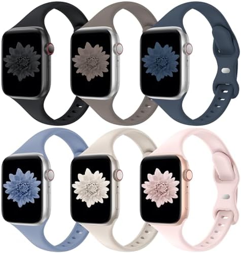 6 Pack Bands Compatible with Apple Watch 38mm 40mm 41mm 42mm 44mm 45mm 49mm, Slim Thin Narrow Replacement Soft Silicone Sport Strap for iWatch Series Ultra/Ultra 2 9/8/7/6/5/4/3/2/1 SE Women Men