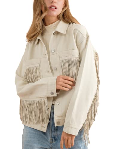 Women's Rhinestone Fringe Denim Jacket Long Sleeve Casual Tassel Jean Jacket Coat