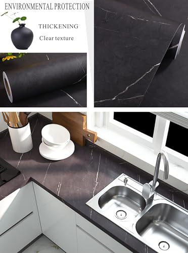 Image of GLUN Marble Wallpaper Furniture Sticker (45 x 100 cm) Kitchen Counter, Cabinet Makeover, Almirah, Plastic & Wooden Tabletop, Wardrobe, PVC DIY Self Adhesive, Beige Decorative Wallpaper (Black, 2)