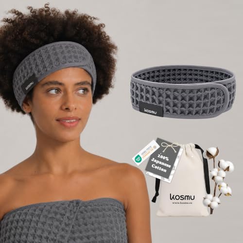 KOSMU Luxury Organic Japanese Cotton Waffle Spa Headband for Women | Adjustable Towel Headband with Magic Tape | Makeup, Face Washing, Facial, Cosmetic & Skincare, Gift for Her Self-Care (Smoke Grey)