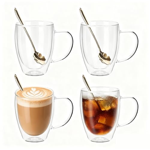 Doppelwandige Kaffeebecher aus Glas mit Griff,teetasse thermo mit Löffel,Klare isolierte Glasbecher für heiße oder kalte Getränke,teegläser doppelwandig (4, 350ML) Doppelwandige Kaffeebecher aus Glas mit Griff,teetasse thermo mit Löffel,Klare isolierte Glasbecher für heiße oder kalte Getränke,teegläser doppelwandig (4, 350ML)