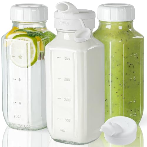 Image of Syntic Glass Juice Bottles with Lids, 3 Pack Clear Glass Water Bottles w 2 Pour Spouts, 16 Oz Reusable Milk Jug w 100% Airtight Cap and Scale for Juicing Containers, Breast Milk Storage, Drinking Jar