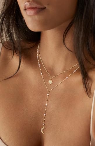 Image of CHESKY Long Necklaces for Women, 14k Gold Plated /Streling Silver Lariat Necklace Dainty Statement Prom Necklace Rosary Cross Sun Drop Pendant Dangle Necklace Gold Prom Jewelry for Women Gifts