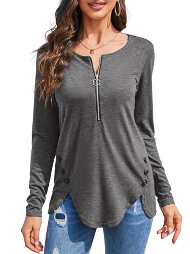 Fisoew Womens Casual Long Sleeve Tunic Tops Round Neck Shirt Button Side Basic Tees Wearring with Leggings 20243