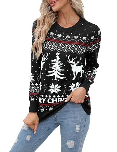 Women Christmas Sweater Cute Deer Snowflake Xmas Tree Crewneck Long Sleeve Knit Pullover Black M