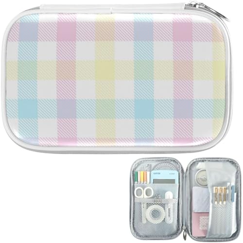 Image of Pastel Gingham Marble Pencil Bag Case Zipper Pencil Holder Organizer Stationary Pen Bag Cosmetic Makeup Bag Pouch Purse for School Office Supplies