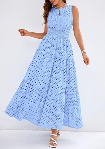 PRETTYGARDEN Womens 2026 Summer Maxi Dresses Sleeveless Sundresses V Neck Eyelet A Line Long Flowy Spring Wedding Guest Dress (Light Blue,Large) — view 6