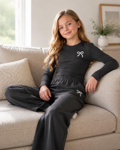 Image of Tween Girls Clothes Long Sleeve Bow Knot Print Top + Wide Leg Pants 2 Piece Outfit Set, Size 7-16 Years