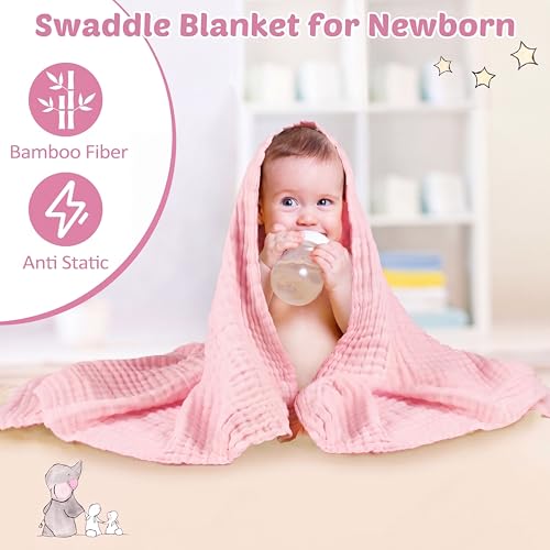 Image of Chumia 6 Pack Baby Muslin Bath Towels Bulk 43.3 x 43.3 Inch 6 Layer Soft Cotton Swaddle Receiving Blankets Breathable Quick Dry for Newborn Infant Toddler, Baby Shower Registry Gifts(Pink and White)