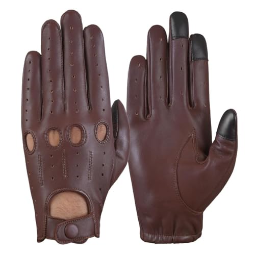 FASHIONLUXE Mens & Womens Touchscreen Genuine Leather Driving Gloves Classic Knuckle Cut Design Breathable Fit Gloves (Brown Large)