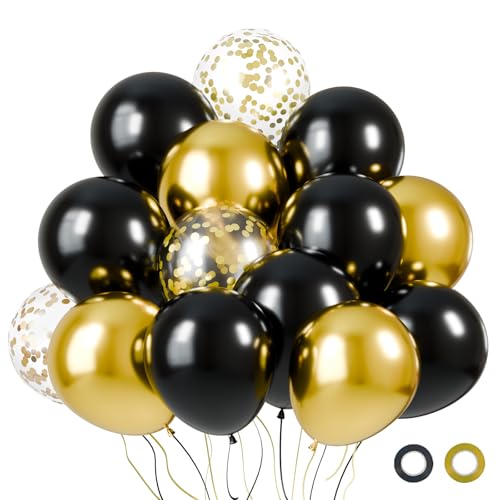Image of KBZVNAF Black and Gold Latex Balloons - 60 Pack 12 inch Black Metallic Gold Confetti Party Balloons for Birthday, Baby Shower, Wedding, Graduation, New Year Party Decorations