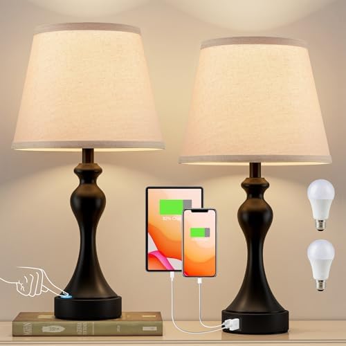 Seealle Touch Lamps for Nightstand – Bedside Lamps Set of 2, 3 Way Dimmable, USB C+A for Bedroom & End Tables (LED Bulbs Included)