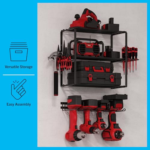 Image of Power Tool Organizer - 4-Tier Garage Shelving Unit with 140lb Max Capacity - Wall Mount Garage Storage System for Tools by Stalwart