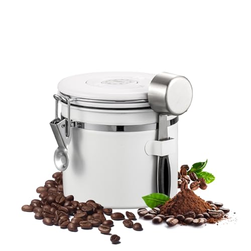 挽いたコーヒー用の大型コーヒー容器、日付トラッカー付き710ml(24オンス)コーヒー豆保存容器、スプーン付きステンレススチール製容器、シリアル、豆、砂糖用のキッチンフードコンテナジャー (ホワイト, 1200ml)