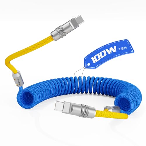 Image of Dubstep Fusion Flex 100W Coiled Type-C to Type-C Fast Charging Cable, 1.8M, 480Mbps Data, Knurled Metal Connector, Nylon Braided, PowerBlitz Technology (Blue & Yellow)