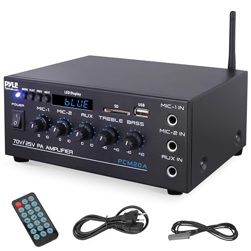 Pyle Sistema Amplificador de Potencia de Audio, Inalambrico, Estereo, Potencia Maxima de 200V, USB, SD, AUX, Entrada de microfono para Karaoke, Radio, Pantalla LCD, RCA