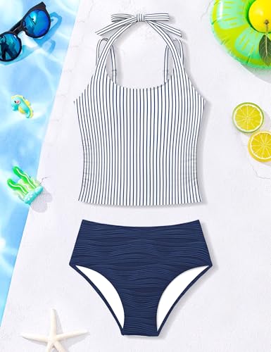 Image of Girls Swimsuit 2 Piece Halterneck Girls Tankini Swimsuit Drawstring Printed Swim Shorts Girl Bathing Suit for 7-18T