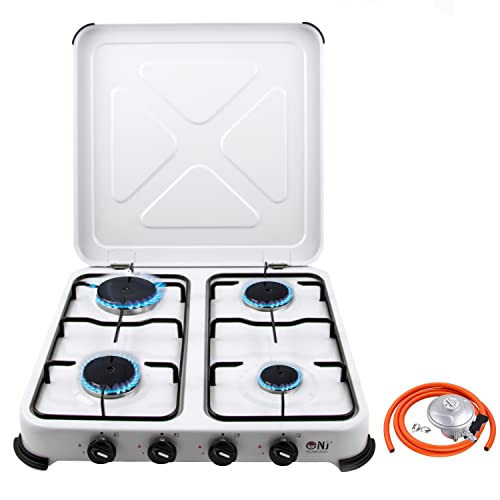 NJ-04 Camping Gas Stove - Portable 4 Burner Gas Cooker LPG Hob with Lid for Outdoor Garden Caravan 5.45 kW (Butane 21mm Clip-on)