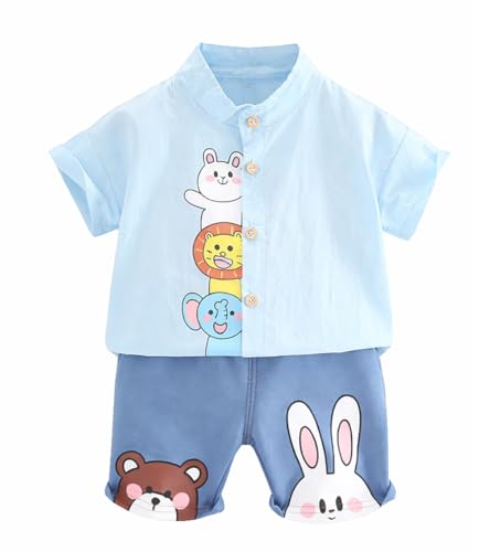 Image of Bold N Elegant Boys Cartoon Cotton Shirt Denim Shorts Set