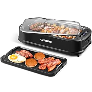 CUSIMAX Indoor Grill, Electric Smokeless Grill, 1500W Korean BBQ Grill, Electric Grill Griddle with LED Smart Display & Tempered Glass Lid, Non-stick Removable Grill Plate & Griddle Plate, Black